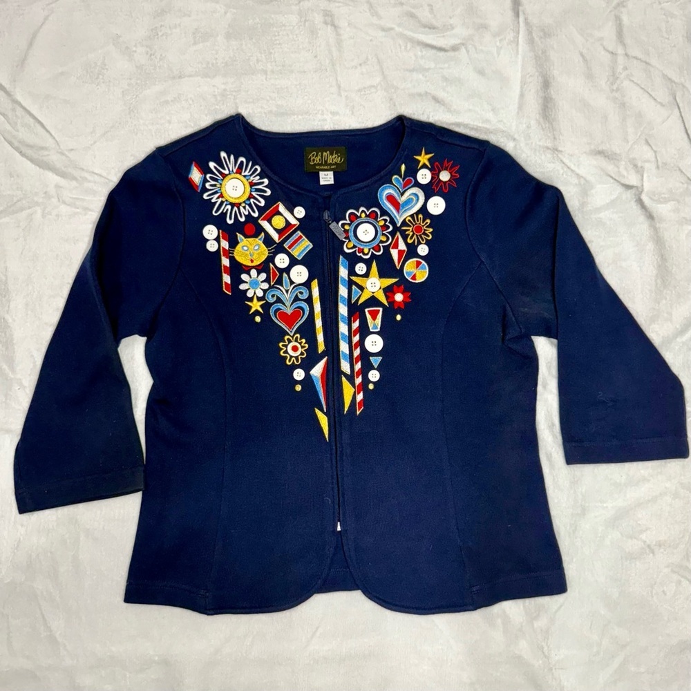 Vintage BOB MACKIE Black Jubilation Cat Heart Embroidered Zip Cardigan M - Picture 2 of 5